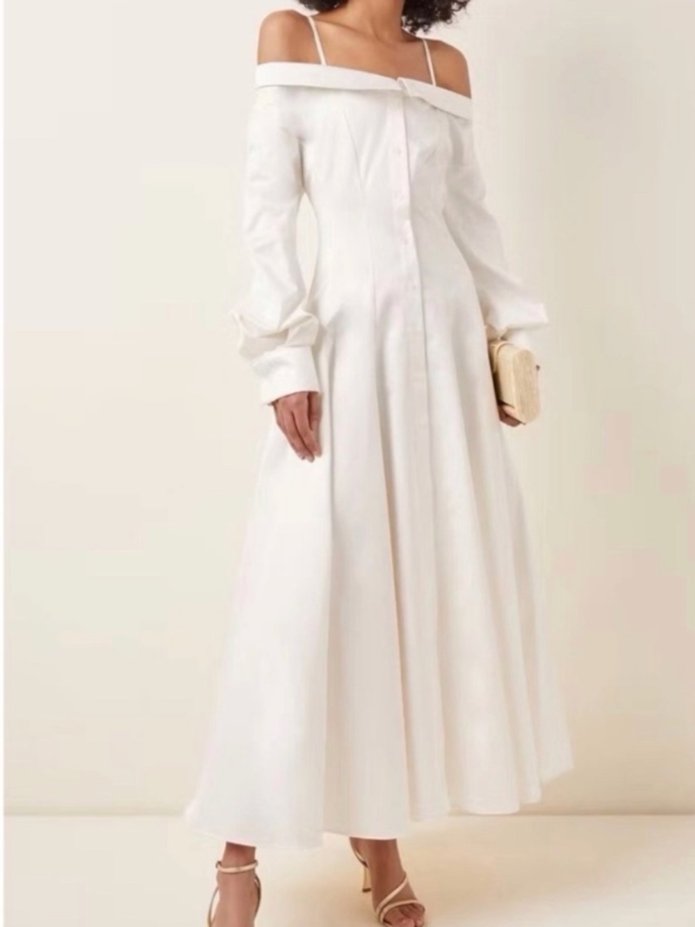 NWT Brandon Maxwell Off-Shoulder White Sz 6 Long Sleeve Cotton Midi Shirtdress - Picture 8 of 9
